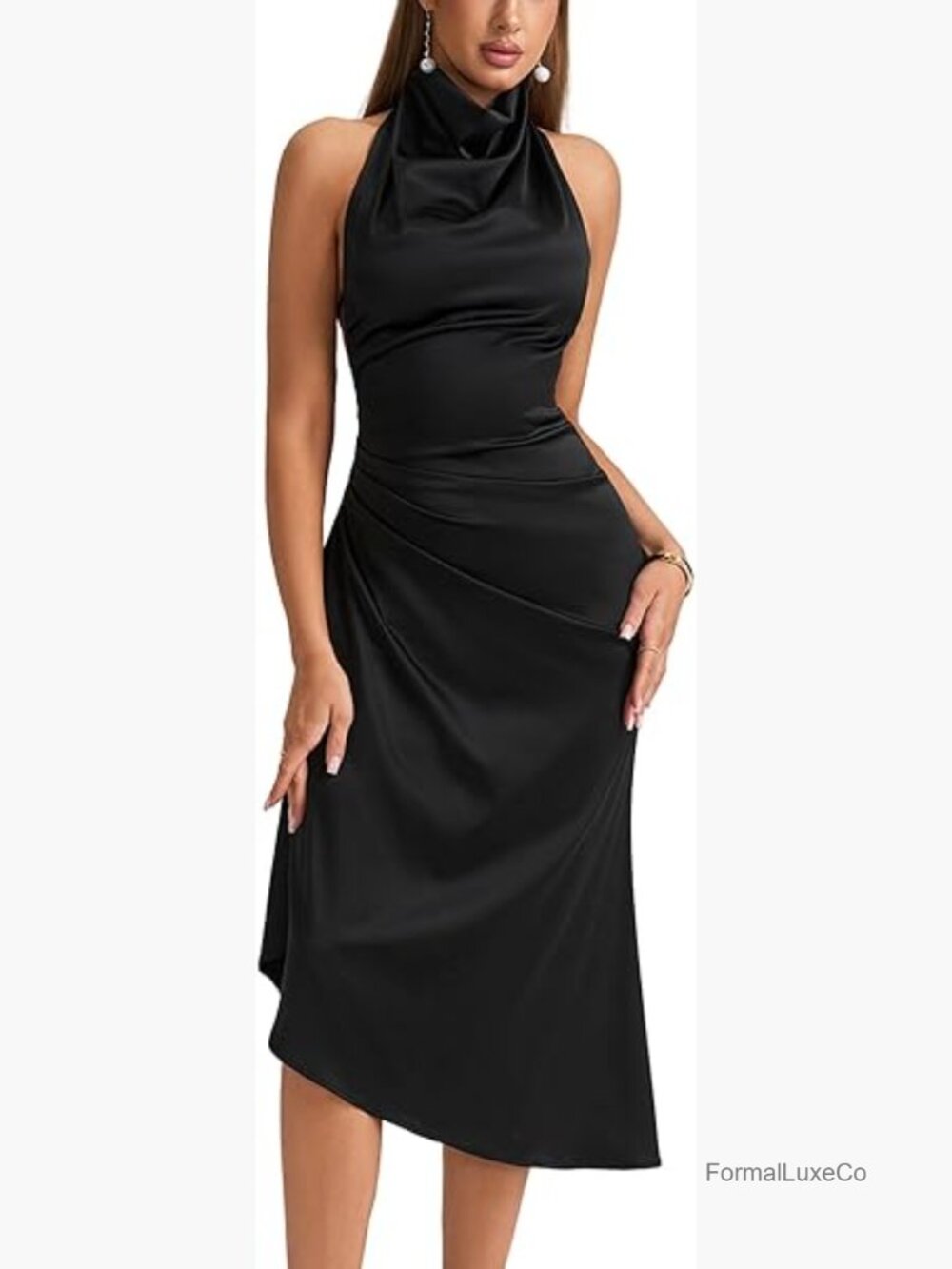Mock Neck Backless Midi Dress Ruched Tie Formal Cocktail Party